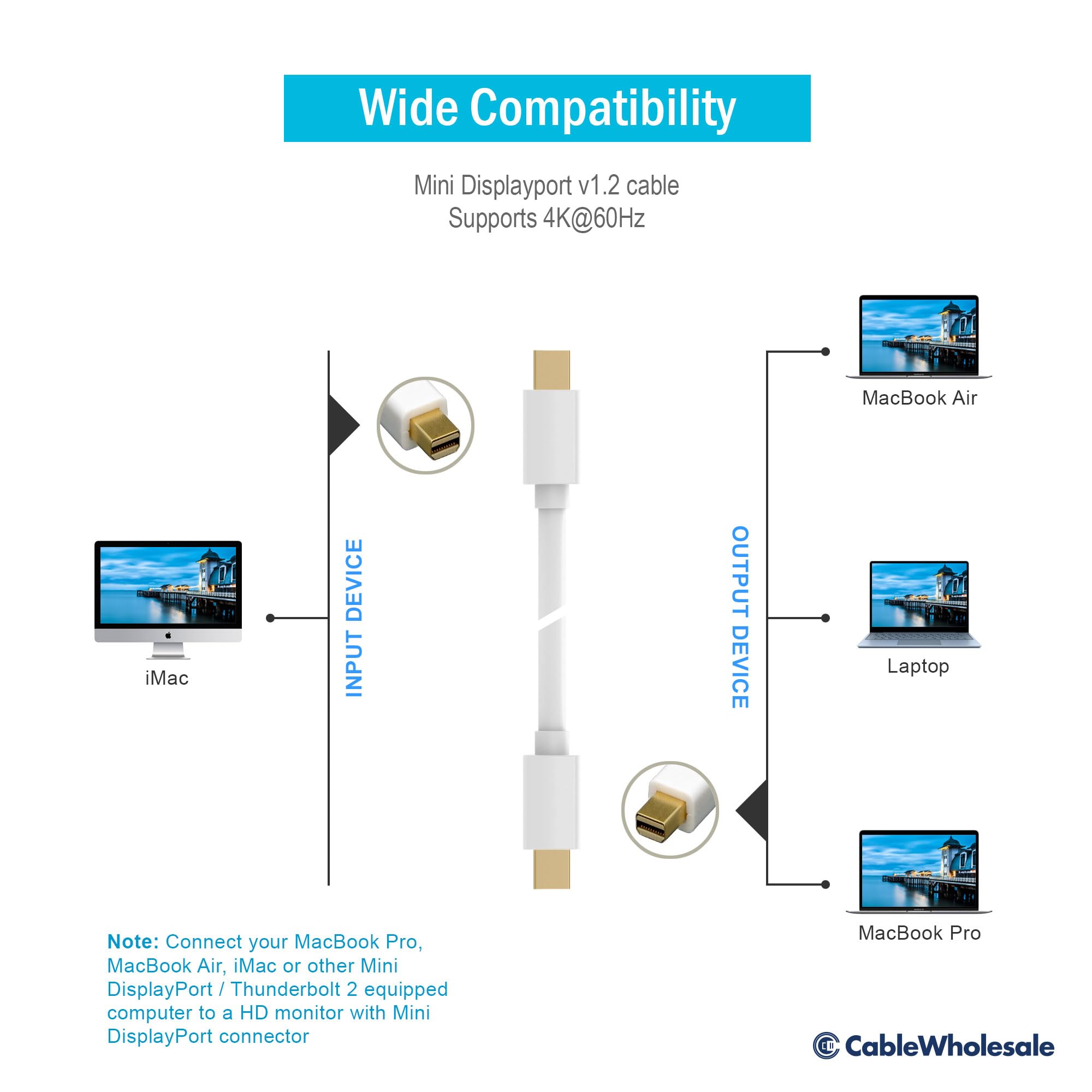Cablewholesale Mini DisplayPort to Mini DisplayPort 4K@60Hz Cable, v1.2, 32 AWG, Gold-Plated, White, 6 Feet, 10H1-66106