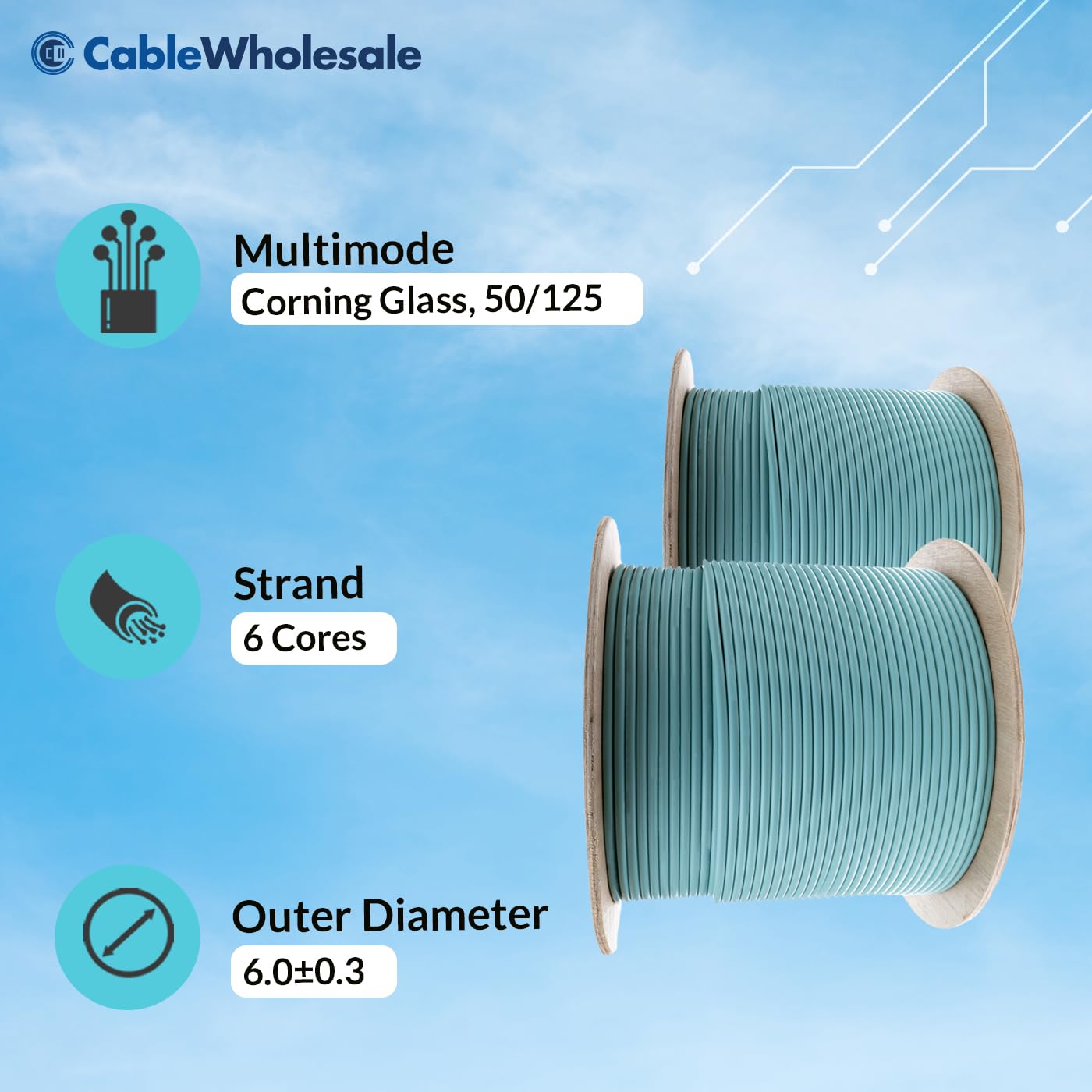 CableWholesale 6 Strand Fiber Optic Cable, Multimode, Aqua, 500ft Spool