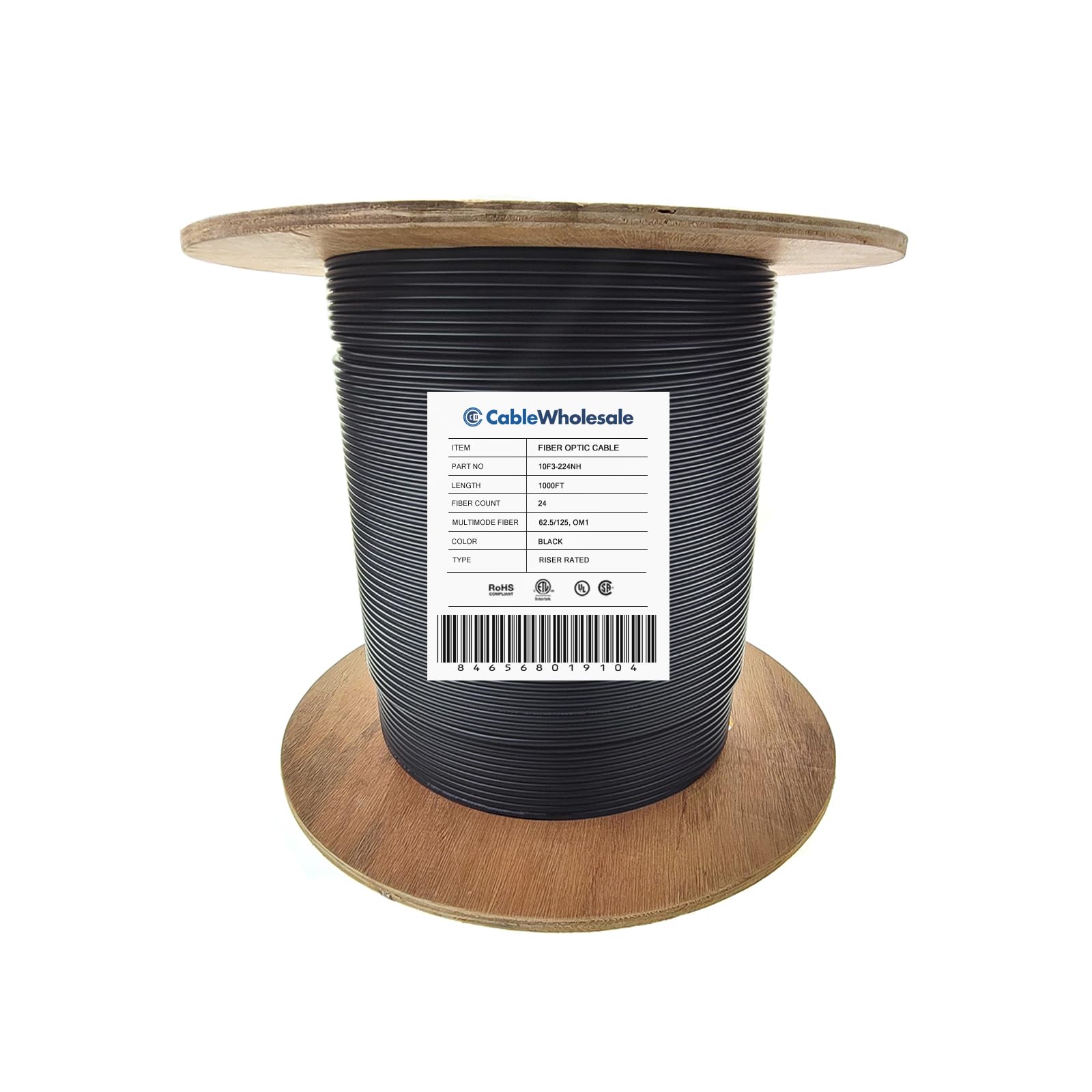 CableWholesale 24 Strand Fiber Optic Cable, Multimode, Black, 1000ft Spool
