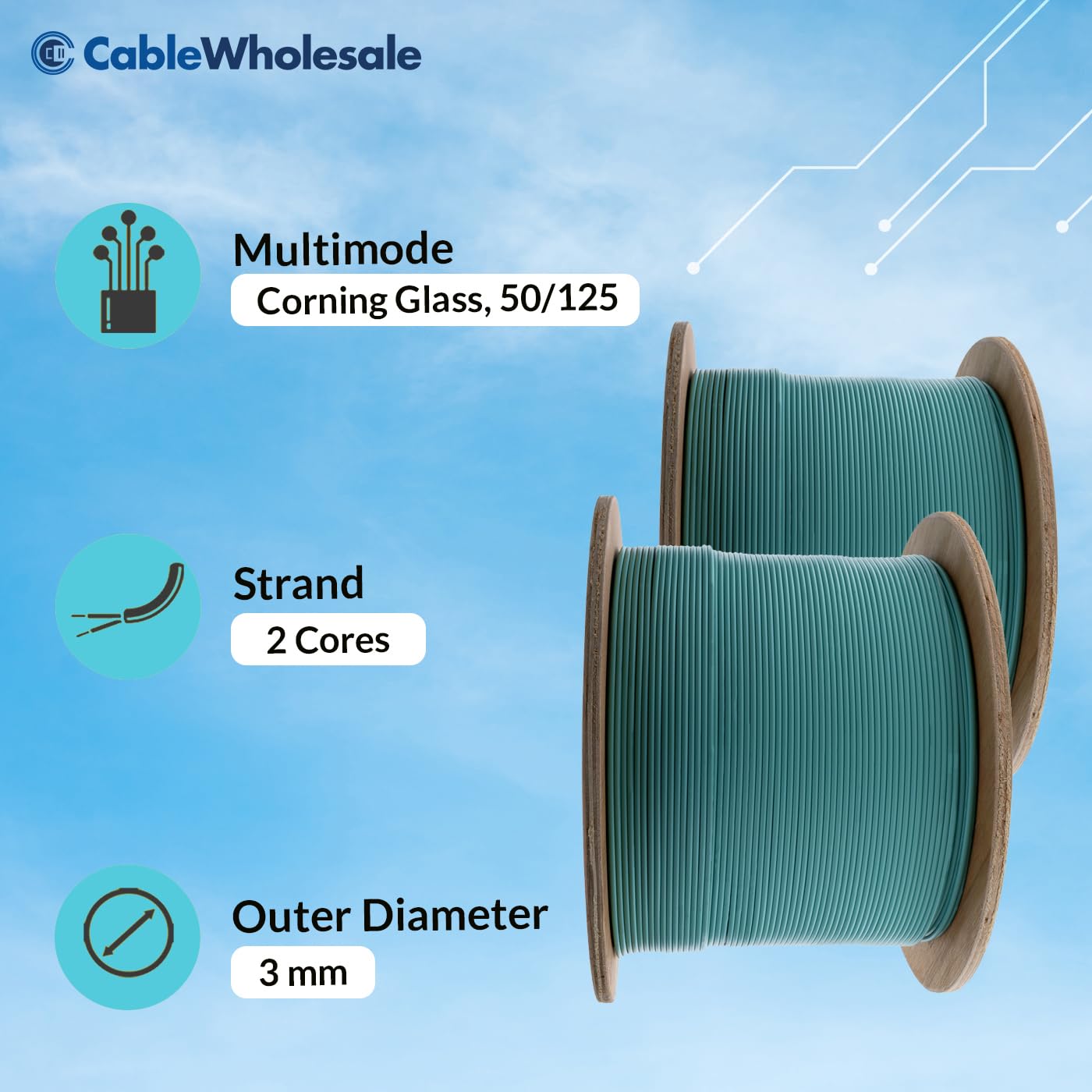 CableWholesale Duplex Fiber Optic Cable, Multimode, Aqua, 1000ft Spool