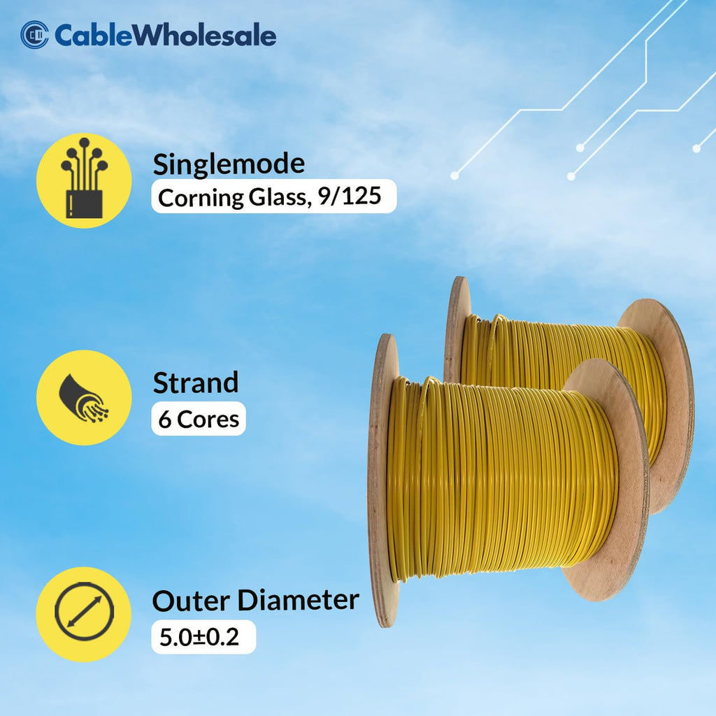 CableWholesale 6-Strand Fiber Optic Cable, Singlemode, Yellow, 1000ft Spool