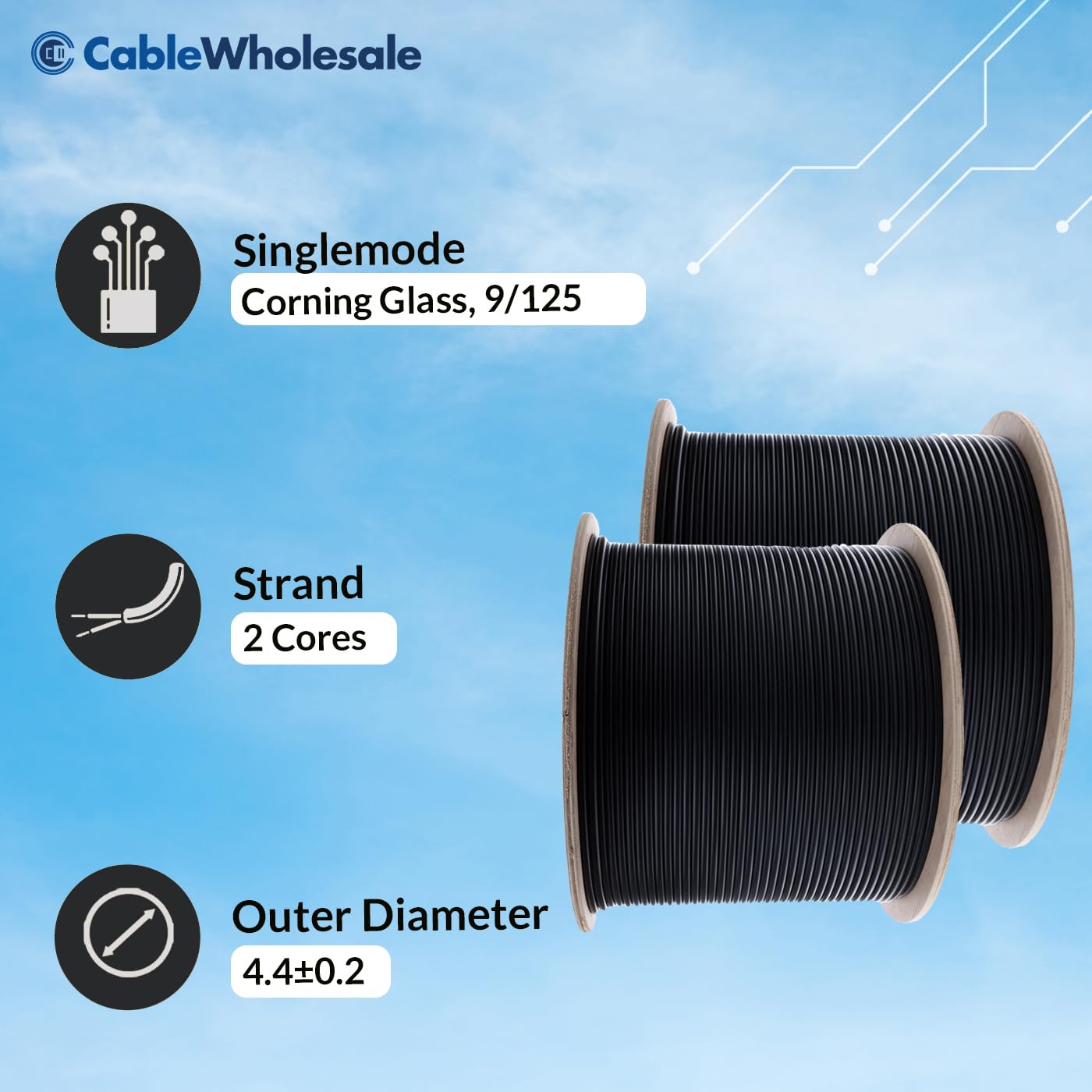CableWholesale 2 Strand Indoor/Outdoor Fiber Optic Cable, OS2 9/125 Singlemode, Corning, Black, Riser Rated, Spool, 2000 Foot