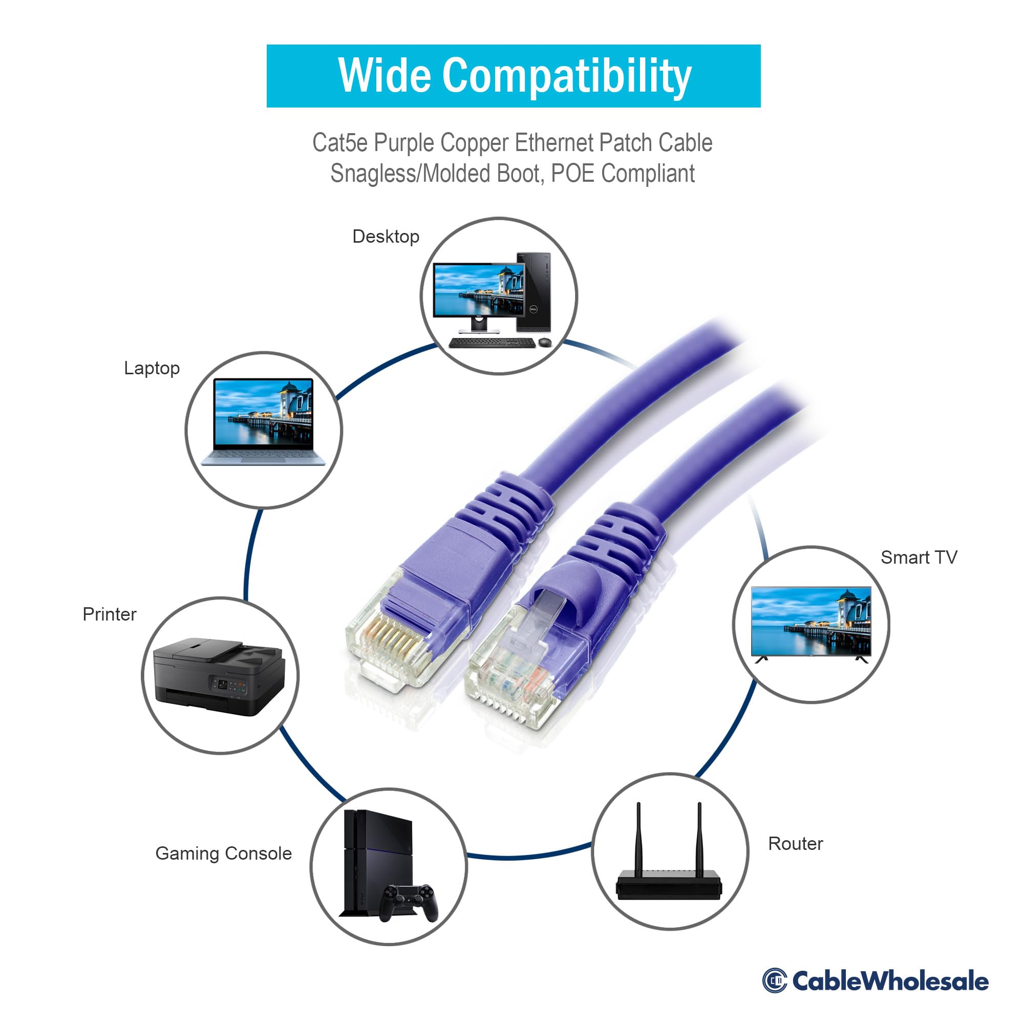 CableWholesale Cat5e Ethernet Cable, 24AWG, RJ45 Gold Plate Connector, ETL, 4 Pair Stranded Copper, Snagless Boot Unshielded Twisted Pair (UTP) Internet Network Patch Cable, 4 Foot, Purple