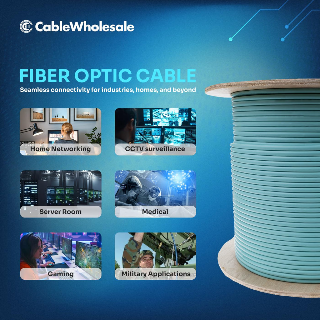 CableWholesale 24 Strand Fiber Optic Cable, Multimode, Aqua, 1000ft Spool