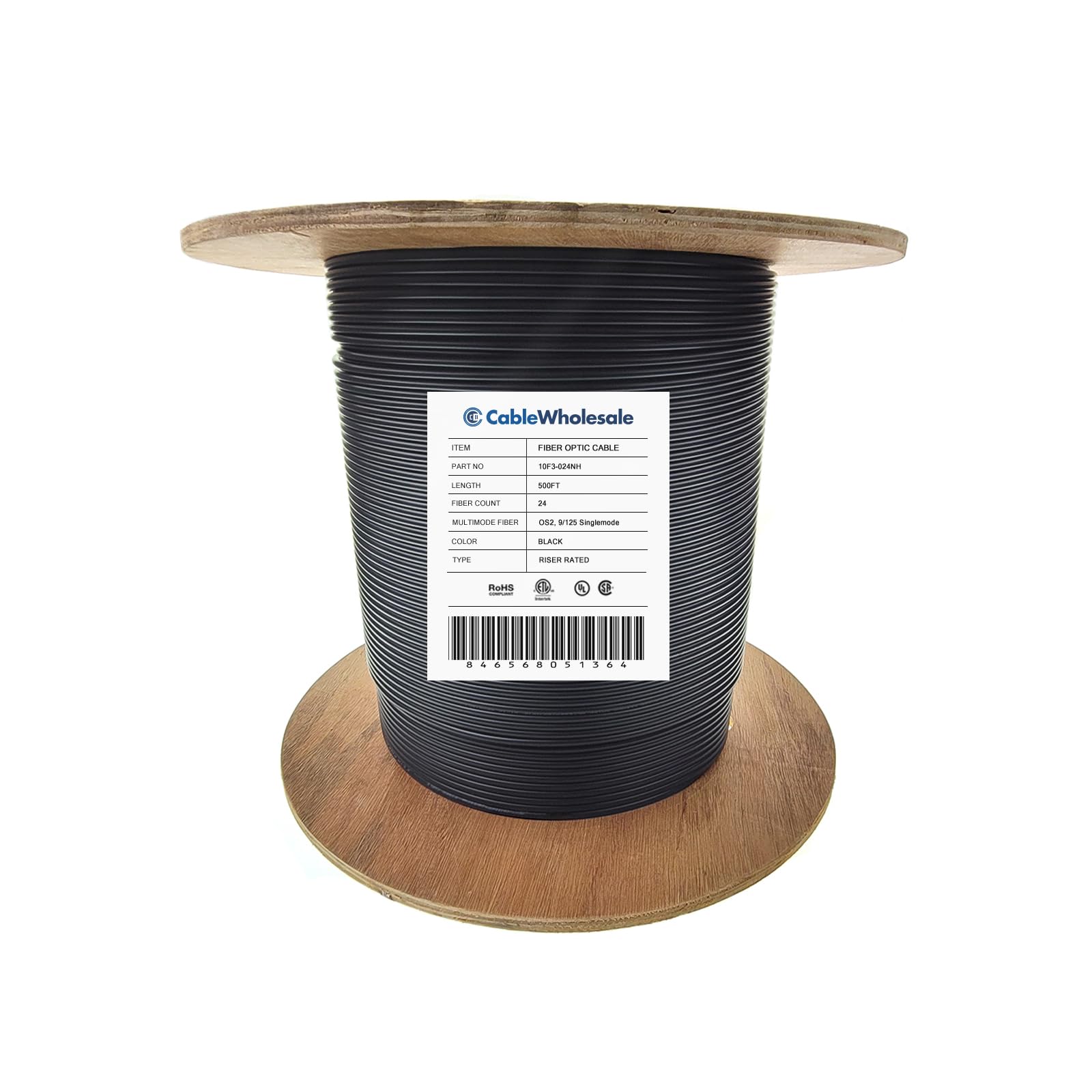 CableWholesale 24-Strand Fiber Optic Cable, Singlemode, Black, 1000ft Spool
