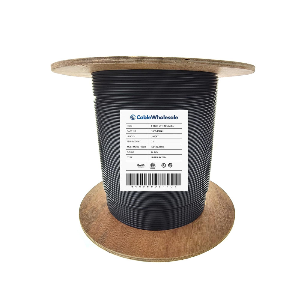 CableWholesale 12 Strand Fiber Optic Cable, Multimode, Black, 1000ft Spool