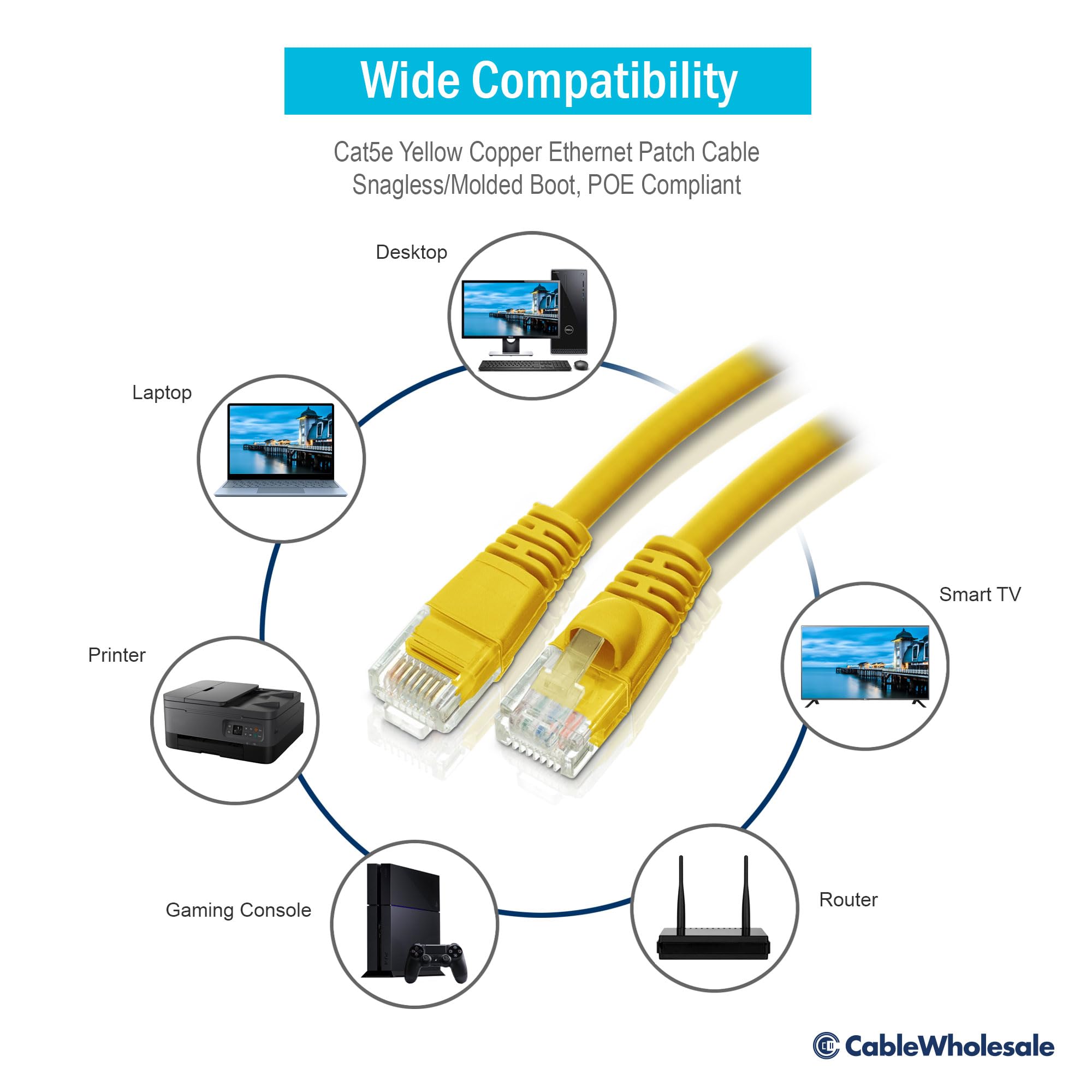 CableWholesale Cat5e Ethernet Cable, 24AWG, RJ45 Gold Plate Connector, ETL, 4 Pair Stranded Copper, Snagless Boot Unshielded Twisted Pair (UTP) Internet Network Patch Cable, 2 Foot, Yellow