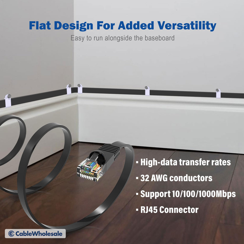 CableWholesale Flat Cat6 Ethernet Patch Cable, 1 Foot, 32AWG, UTP (Unshielded Twisted Pair) Internet Network Cable with Snagless/ RJ45 Connector