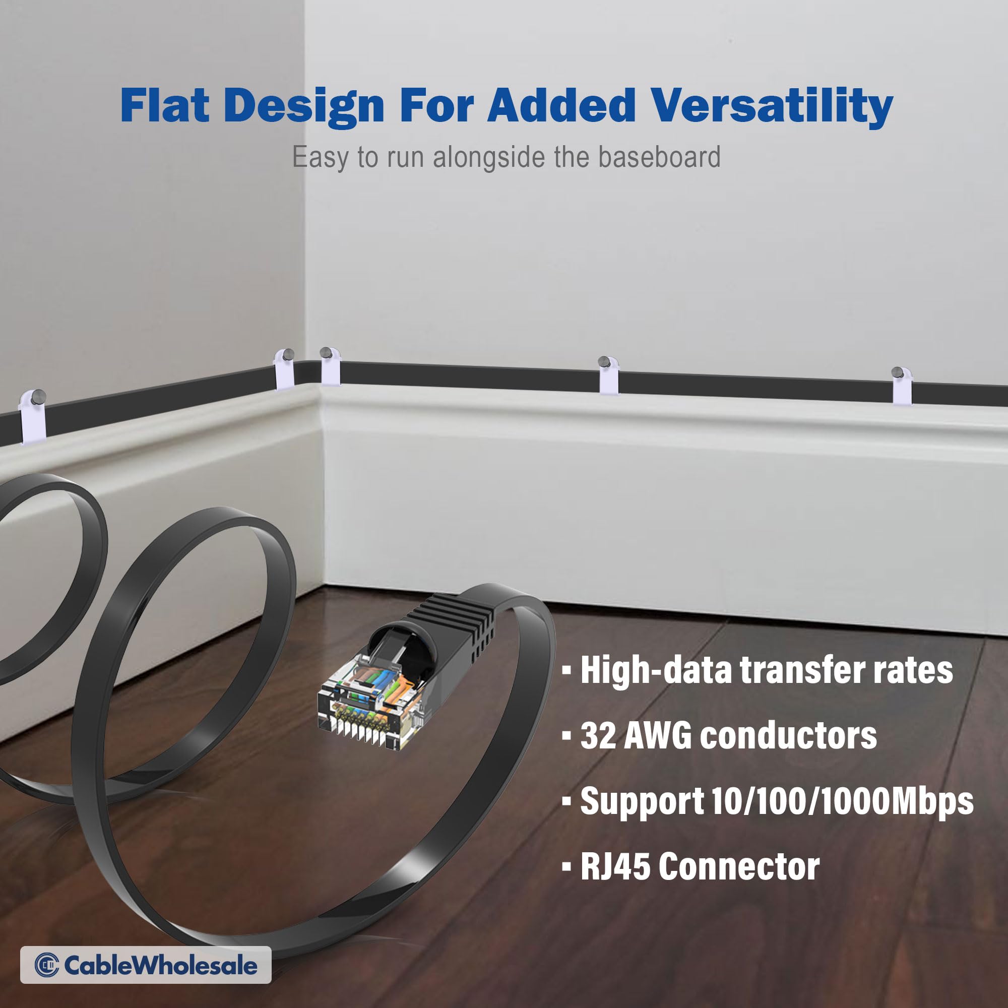 CableWholesale Flat Cat6 Ethernet Patch Cable, 1 Foot, 32AWG, UTP (Unshielded Twisted Pair) Internet Network Cable with Snagless/ RJ45 Connector