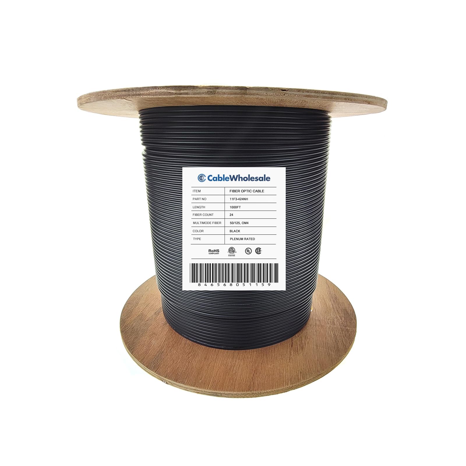 CableWholesale 24 Strand Fiber Optic Cable, Multimode, Black, 1000ft Spool