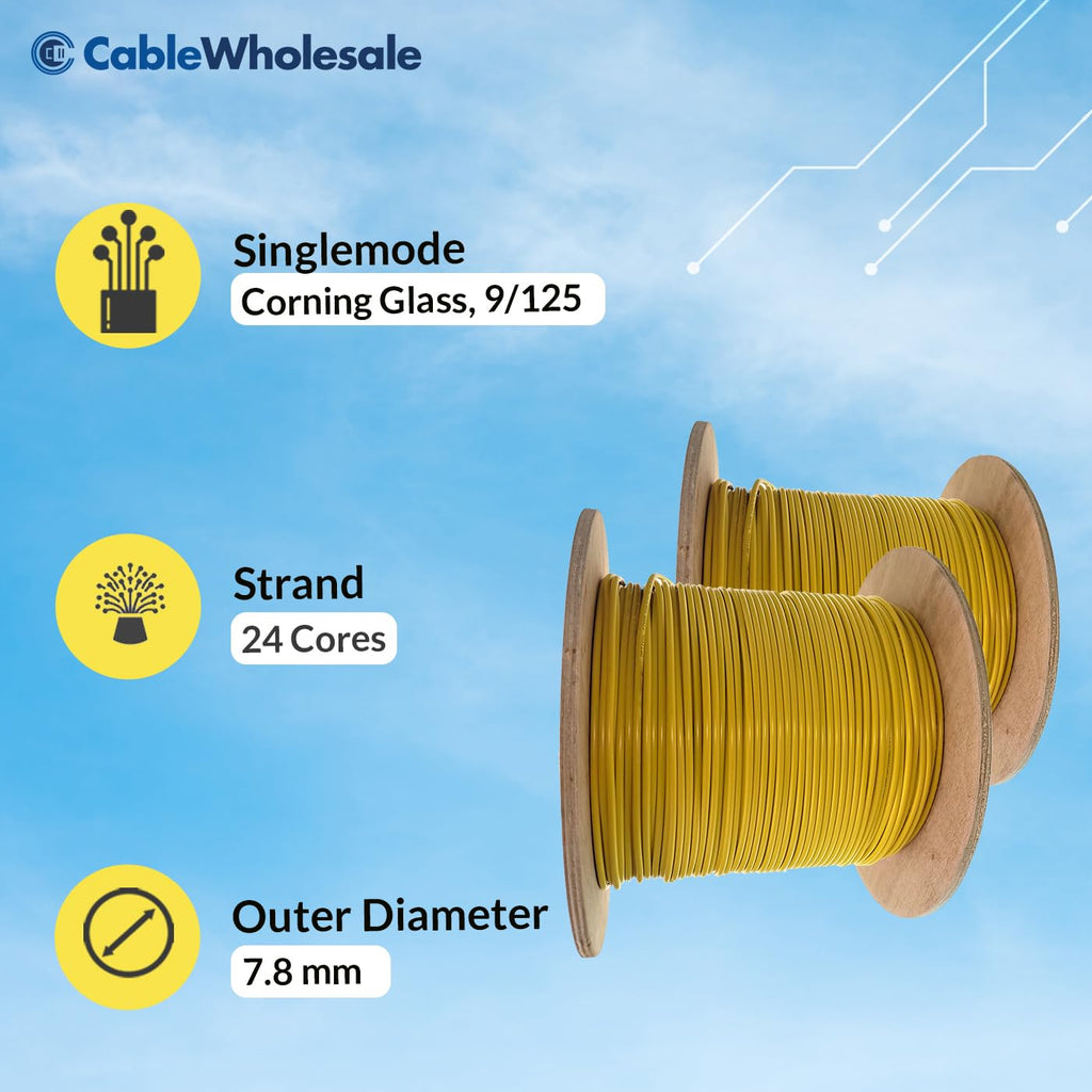 CableWholesale 24 Strand Singlemode Fiber Optic Cable, Corning SMF-28 Ultra OS2 9/125,Indoor Distribution, Riser Rated, Yellow, 1000ft