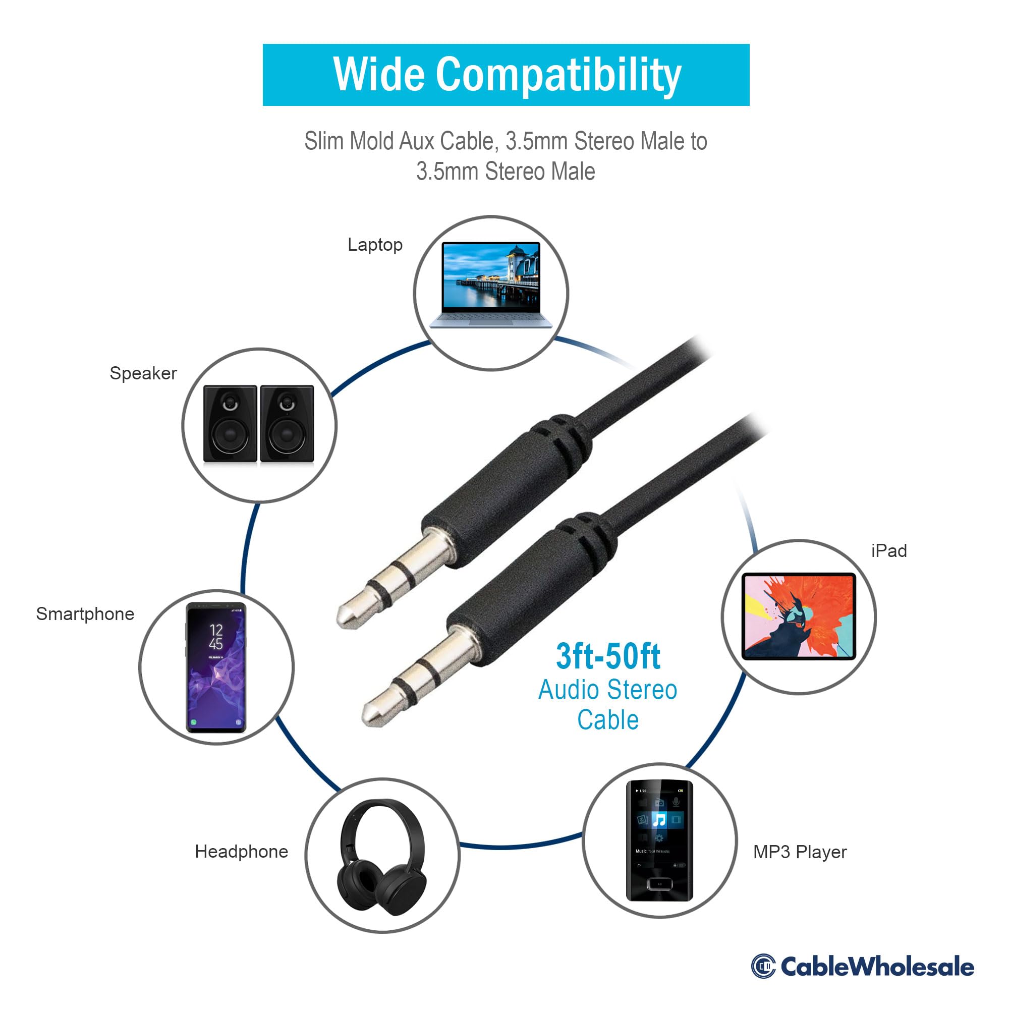 CableWholesale Slim 28 AWG 3.5mm Stereo Male to Male Aux Cable, Black, 3 Feet