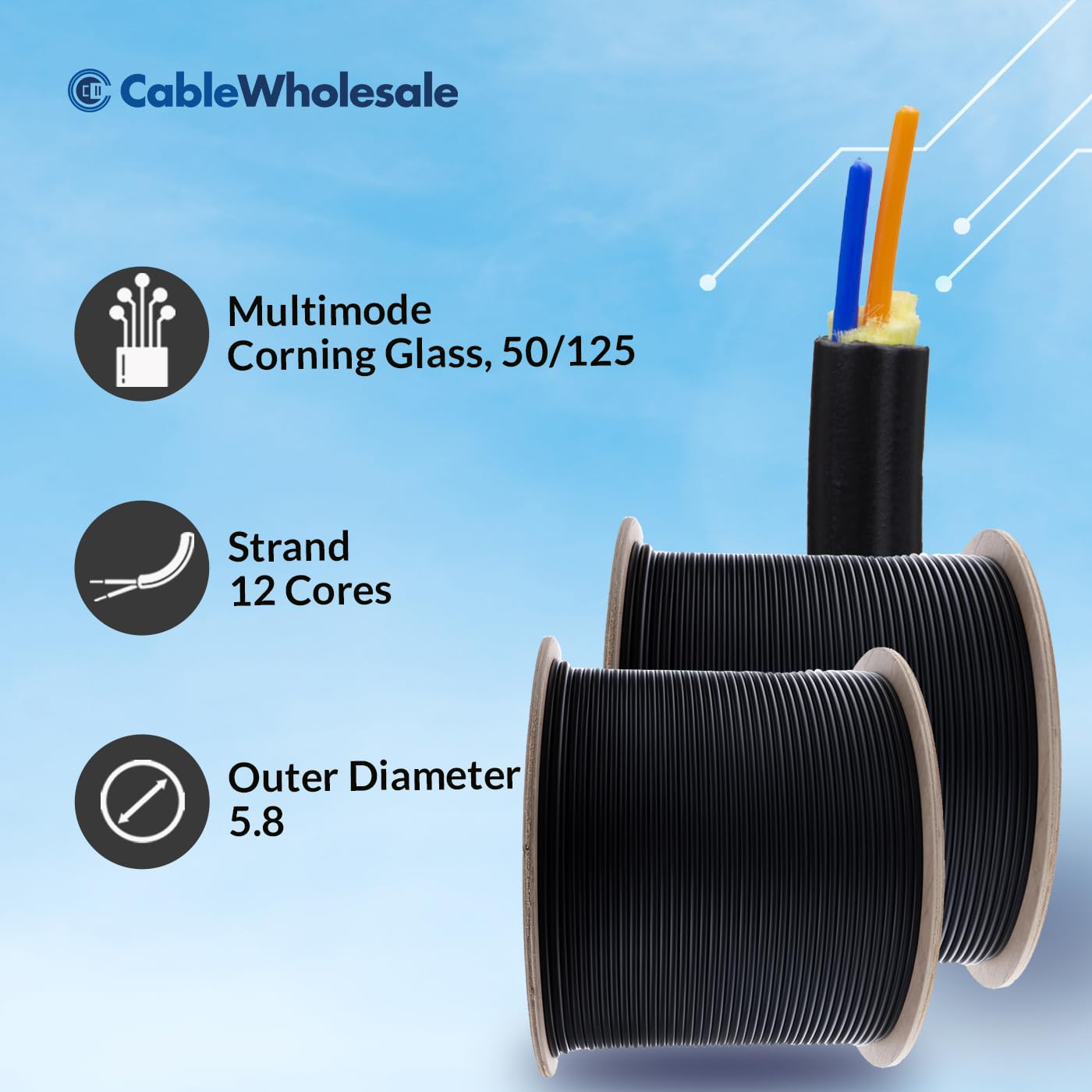 CableWholesale 12 Strand Fiber Optic Cable, Multimode, Black, 500ft Spool