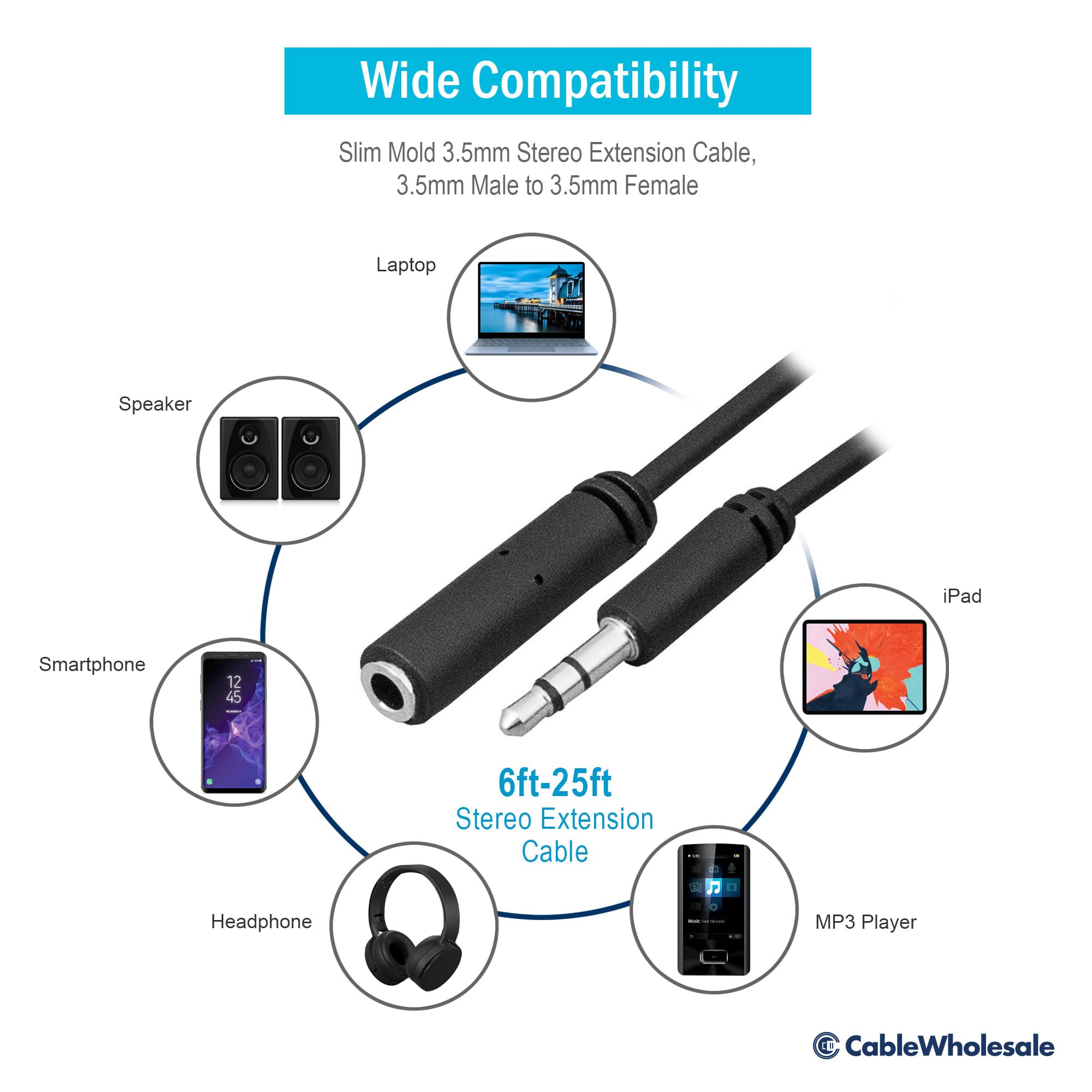 Slim 3.5mm Stereo Extension Cable - Male to Female Audio Jack for Phones, Tablets, 6 Feet