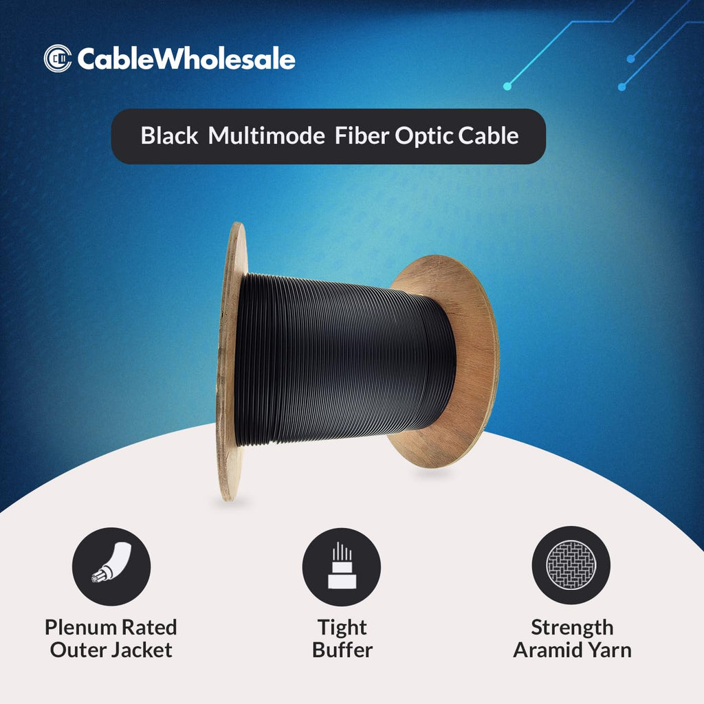 CableWholesale 1000ft Black 2-Strand Fiber Indoor/Outdoor Multimode 62.5/125 OM1 Cable, Plenum Rated, Corning InfiniCor, Water-Blocking