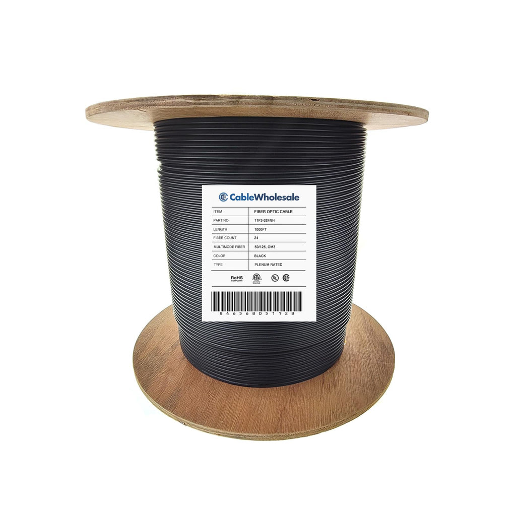CableWholesale 24 Strand Fiber Optic Cable, Multimode, Black, 1000ft Spool