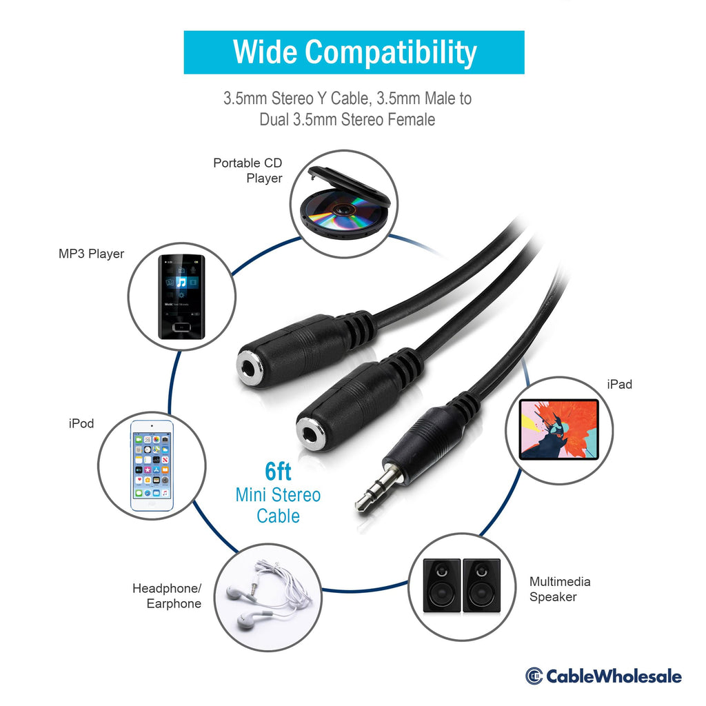 3.5mm Stereo Audio Extension Cable, Audio 3.5 mm Y Splitter Cable, 3.5mm Male to Dual 3.5mm Stereo Female, 75 Feet, Black