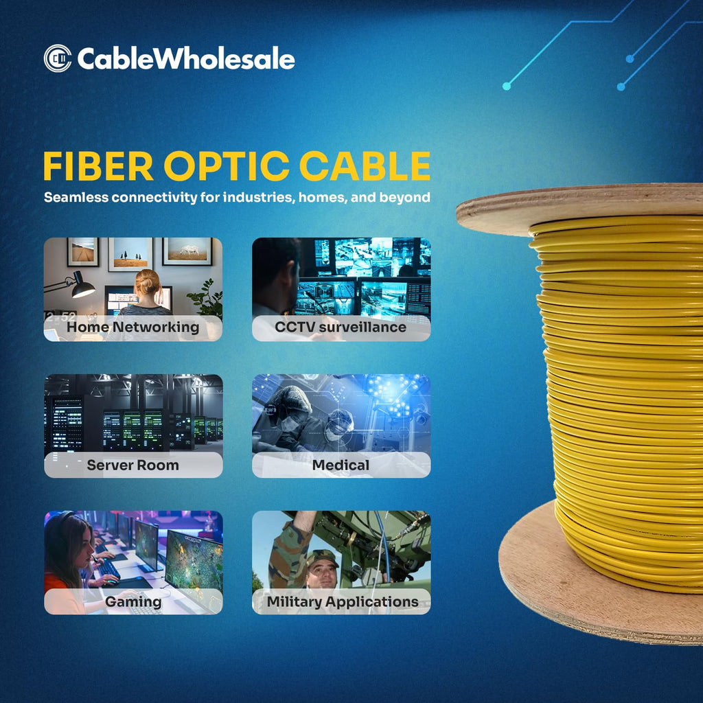 CableWholesale 12-Strand Fiber Indoor Distribution Fiber Optic Cable, Singlemode OS2 9/125 Micron, Plenum Rated, Yellow, Spool, 1000 feet