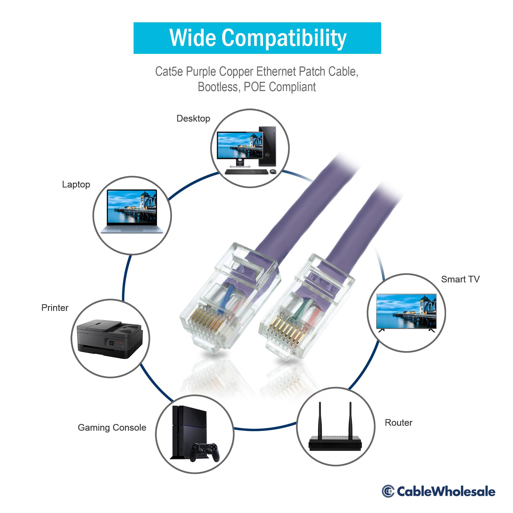 CableWholesale Cat5e Ethernet Cable, 24AWG Network Cable with RJ45 Gold Plated Connector, 4 Pair Stranded Bare Copper, Bootless Unshielded Twisted Pair (UTP) Internet Patch Cable, 2 Foot, Purple
