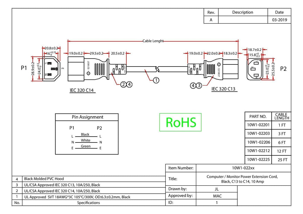 CableWholesale 3 feet Computer/Monitor Power Extension Cord, C13 Female to C14 Male Plug, 3 Pin, 18 AWG, SVT, 10 Amp, Power Extension Cable for PC/Monitor, C13 to C14 Power Extension Cord, Black