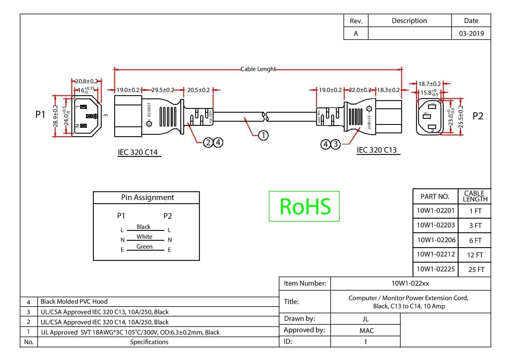 CableWholesale 3 feet Computer/Monitor Power Extension Cord, C13 Female to C14 Male Plug, 3 Pin, 18 AWG, SVT, 10 Amp, Power Extension Cable for PC/Monitor, C13 to C14 Power Extension Cord, Black