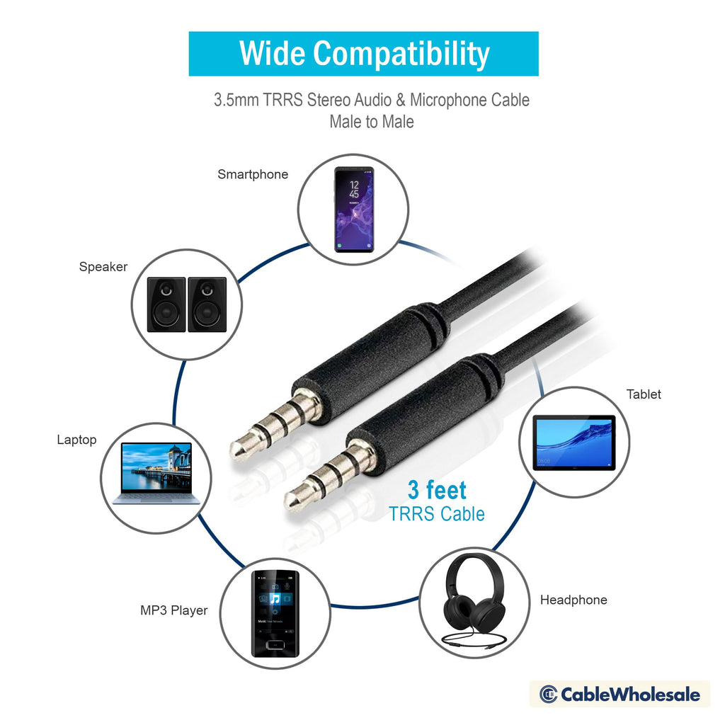 CableWholesale 3.5mm Stereo + Mic Male, TRRS Cable - 3Ft