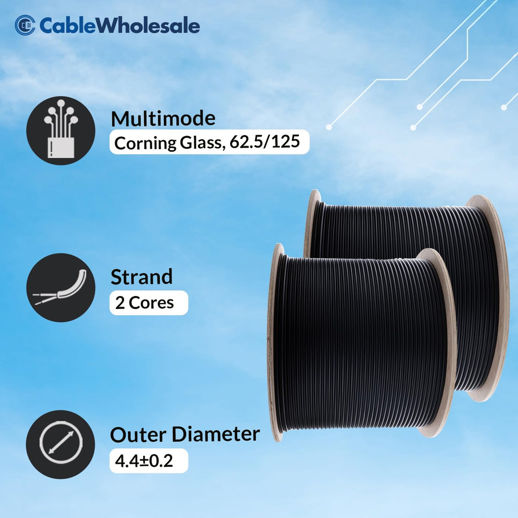 CableWholesale 1000ft Black 2-Strand Fiber Indoor/Outdoor Multimode 62.5/125 OM1 Cable, Plenum Rated, Corning InfiniCor, Water-Blocking