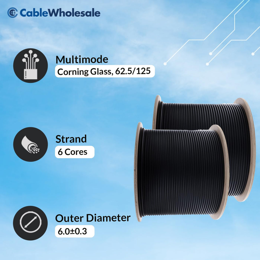 CableWholesale 6 Strand Fiber Optic Cable, Multimode, Black, 500ft Spool