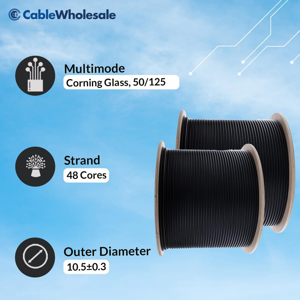 CableWholesale 48 Strand Fiber Optic Cable, Multimode, Black, 500ft Spool