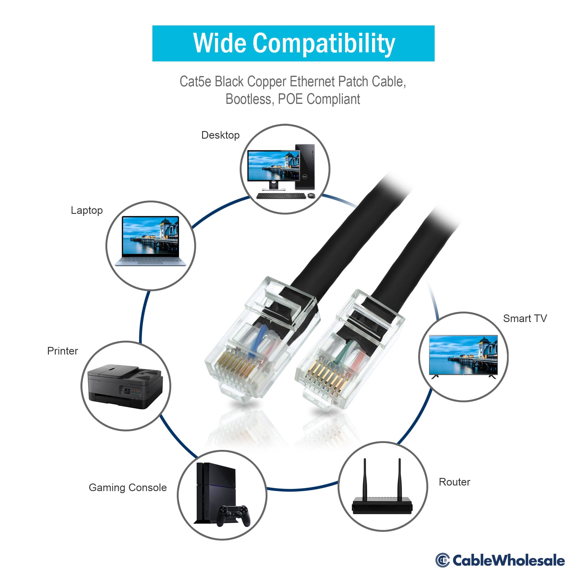CableWholesale Cat5e Ethernet Cable, 24AWG Network Cable with RJ45 Gold Plated Connector, 4 Pair Stranded Bare Copper, Bootless Unshielded Twisted Pair (UTP) Internet Patch Cable, 50 Foot, Black