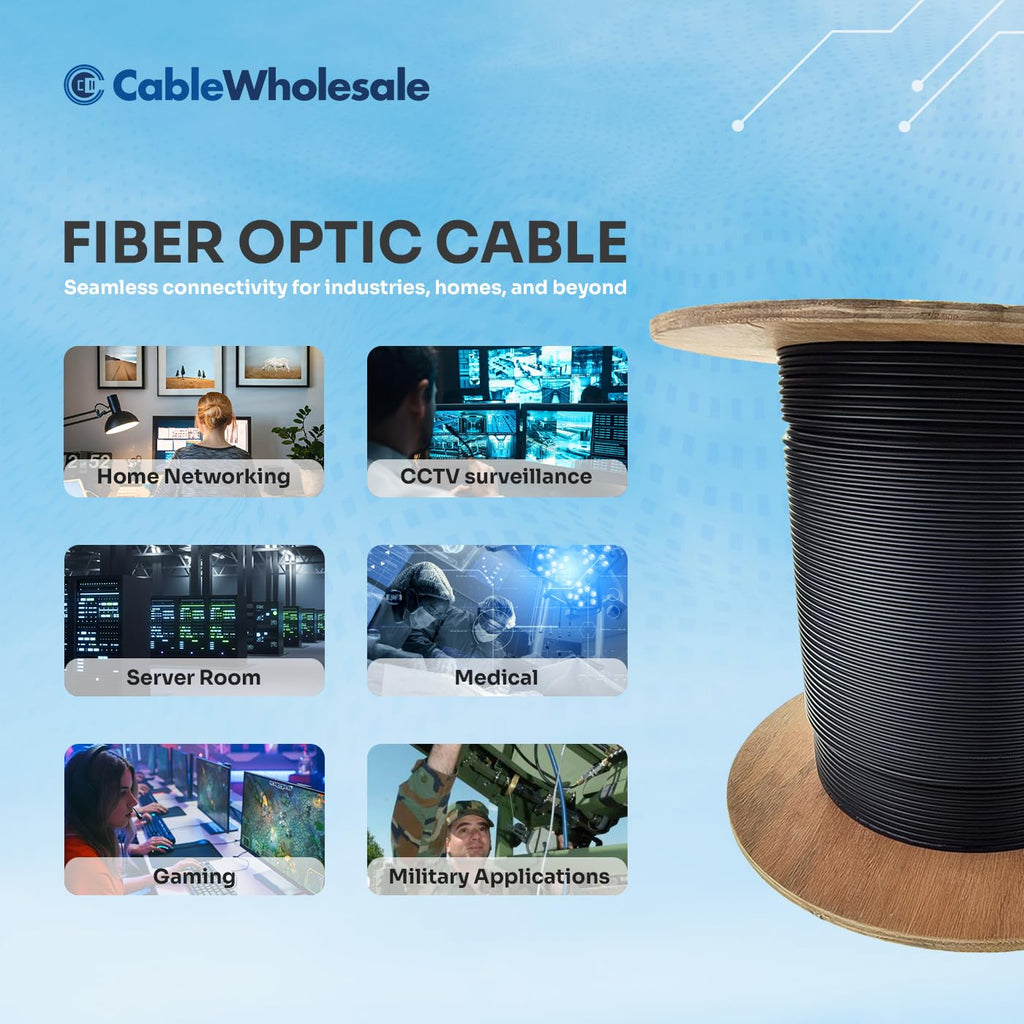 CableWholesale Plenum 2-Strand Fiber Optic Cable, OS2 9/125 Singlemode, Corning, Indoor/Outdoor Plenum Rated, Black Spool, 1000ft