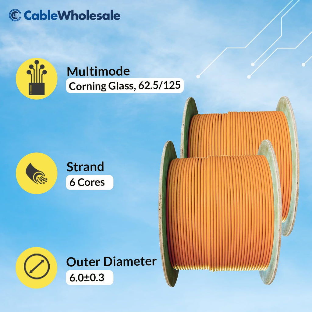 CableWholesale 6 Strand Fiber Optic Cable, Multimode, Orange, 500ft Spool