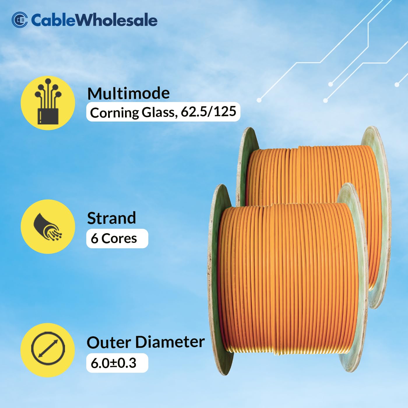 CableWholesale 6 Strand Fiber Optic Cable, Multimode, Orange, 500ft Spool