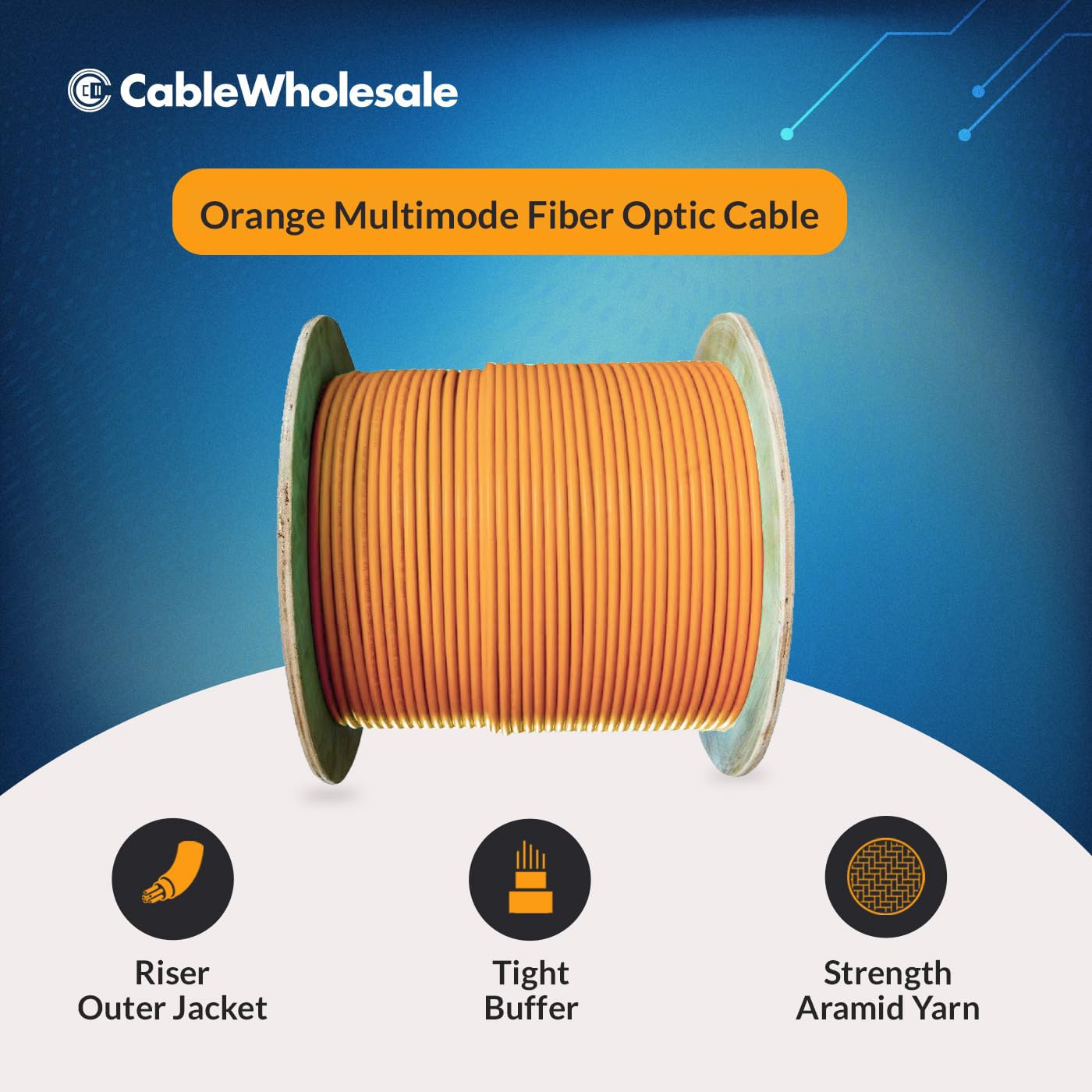 CableWholesale 6 Strand Fiber Optic Cable, Multimode, Orange, 1000ft Spool
