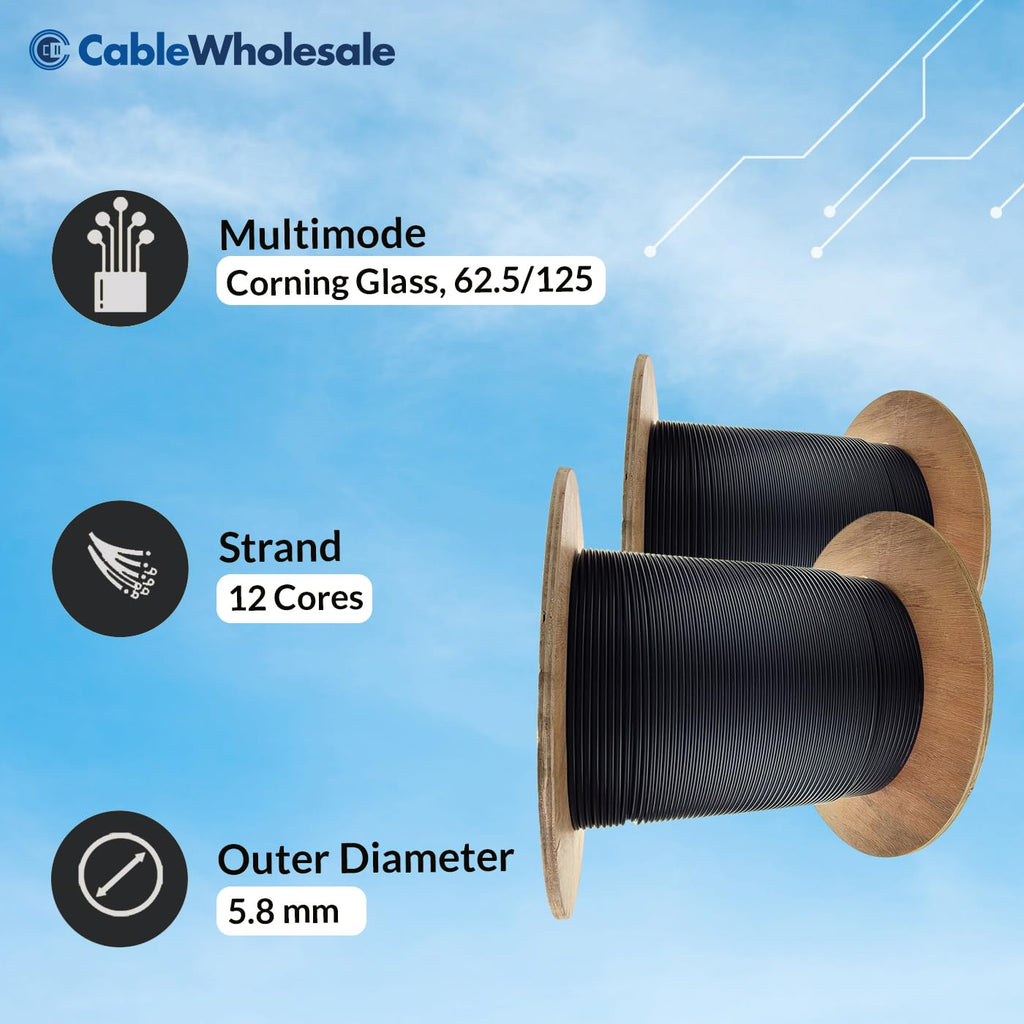 CableWholesale 12 Strand Fiber Optic Cable, Multimode, Black, 1000ft Spool