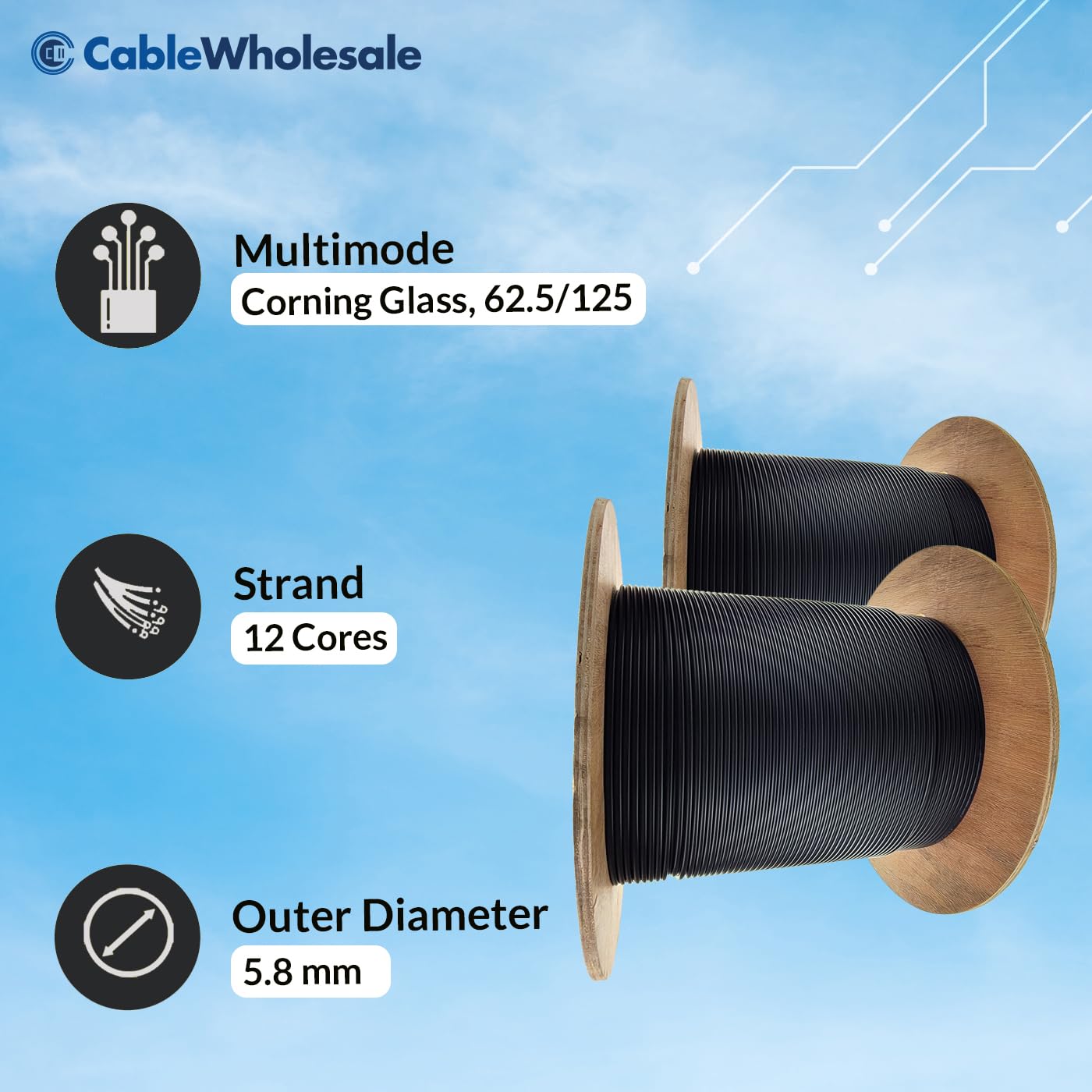 CableWholesale 12 Strand Fiber Optic Cable, Multimode, Black, 1000ft Spool