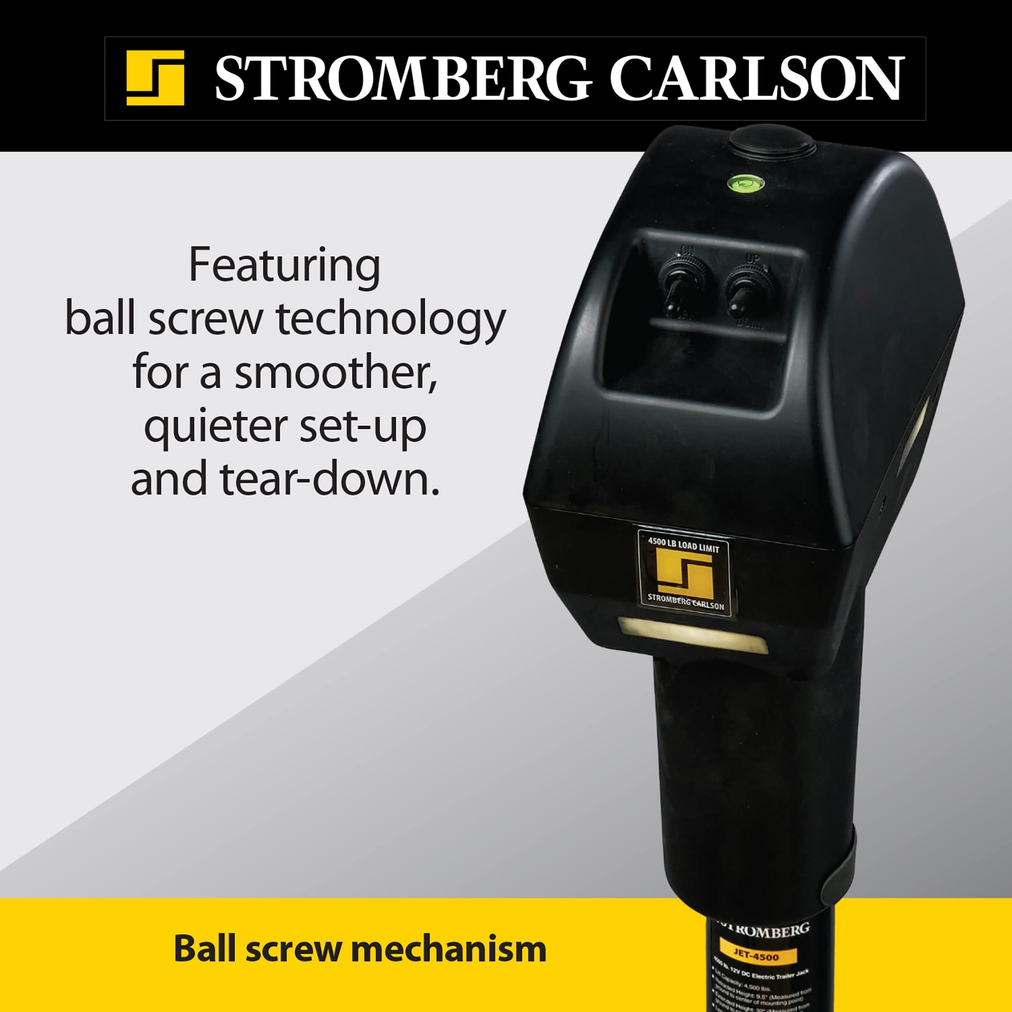 Stromberg Carlson JET-4500 Electric Tongue Jack - Heavy Duty Powered Jack with Ball Screw Mechanism, 18" Travel & 4.5" Drop Down Leg, Stabilizing, Leveling & Lifting RV, Campers, Trailers, 4500 lb