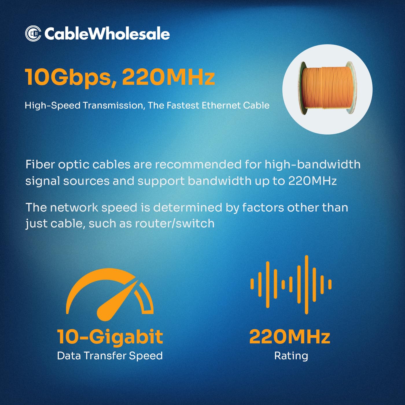 CableWholesale 6 Strand Fiber Optic Cable, Multimode, Orange, 1000ft Spool