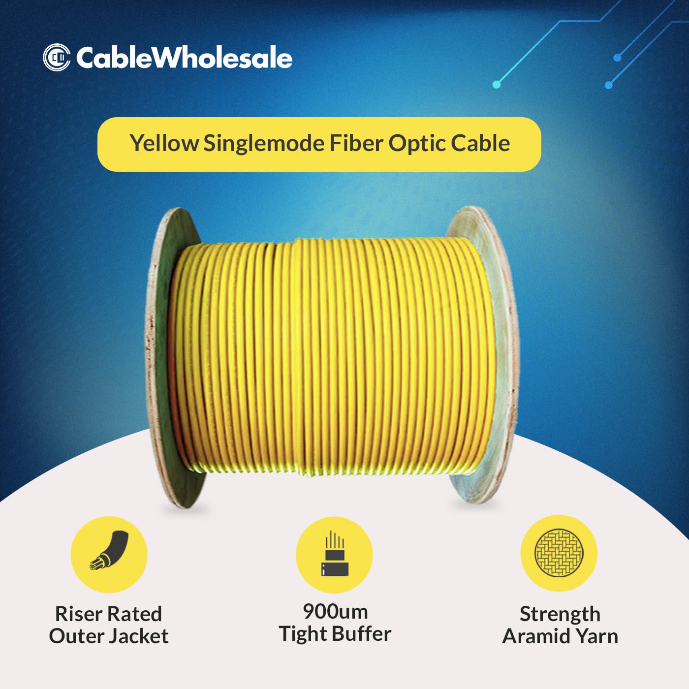 CableWholesale 12-Strand Fiber Optic Cable, Singlemode, Yellow, 500ft Spool