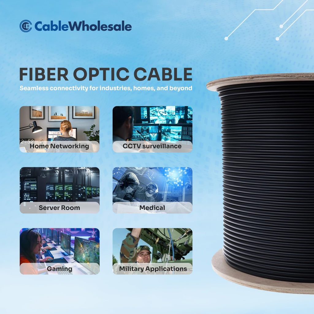 CableWholesale 48 Strand Fiber Optic Cable, Multimode, Black, 500ft Spool