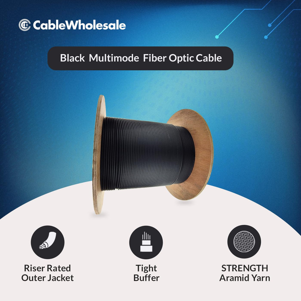 CableWholesale 2 Strand Fiber Optic Cable, Multimode, Black, 1000ft Spool
