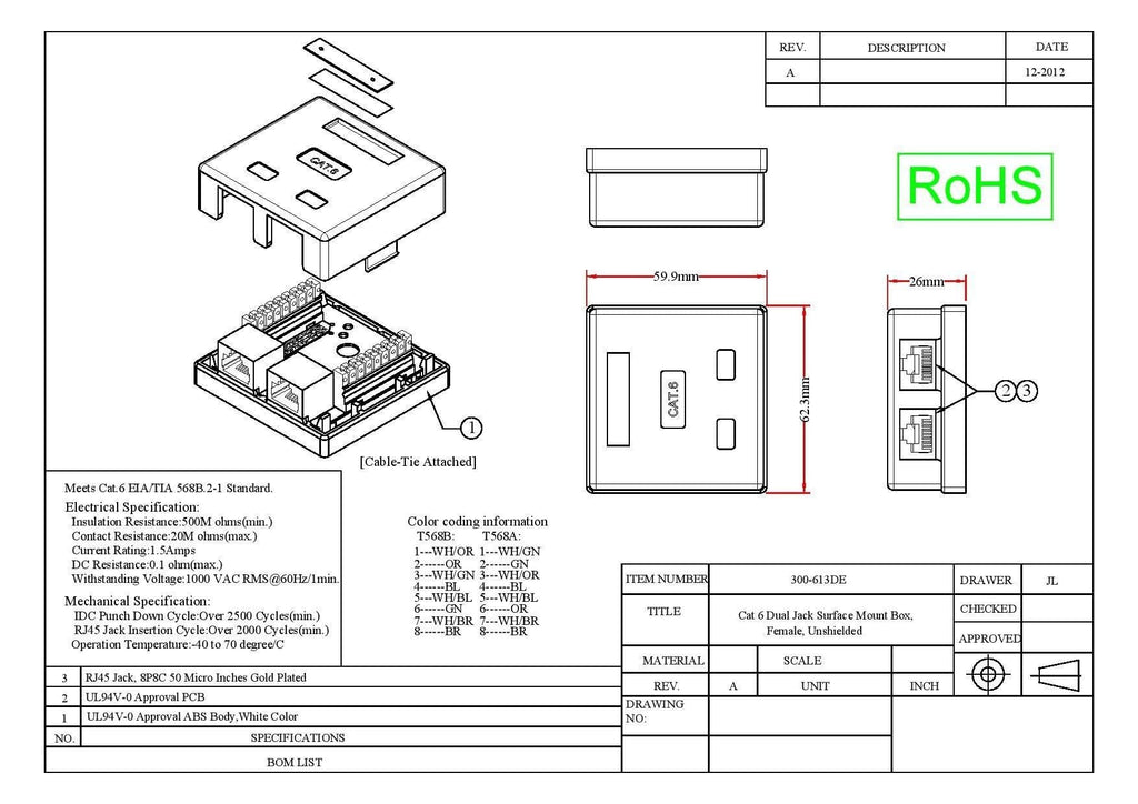 Cat6 1 Port Surface Mount Box, RJ45 Unshielded Female Port, White, Single Jack Surface Mount Box (with Cable Tie), CableWholesale