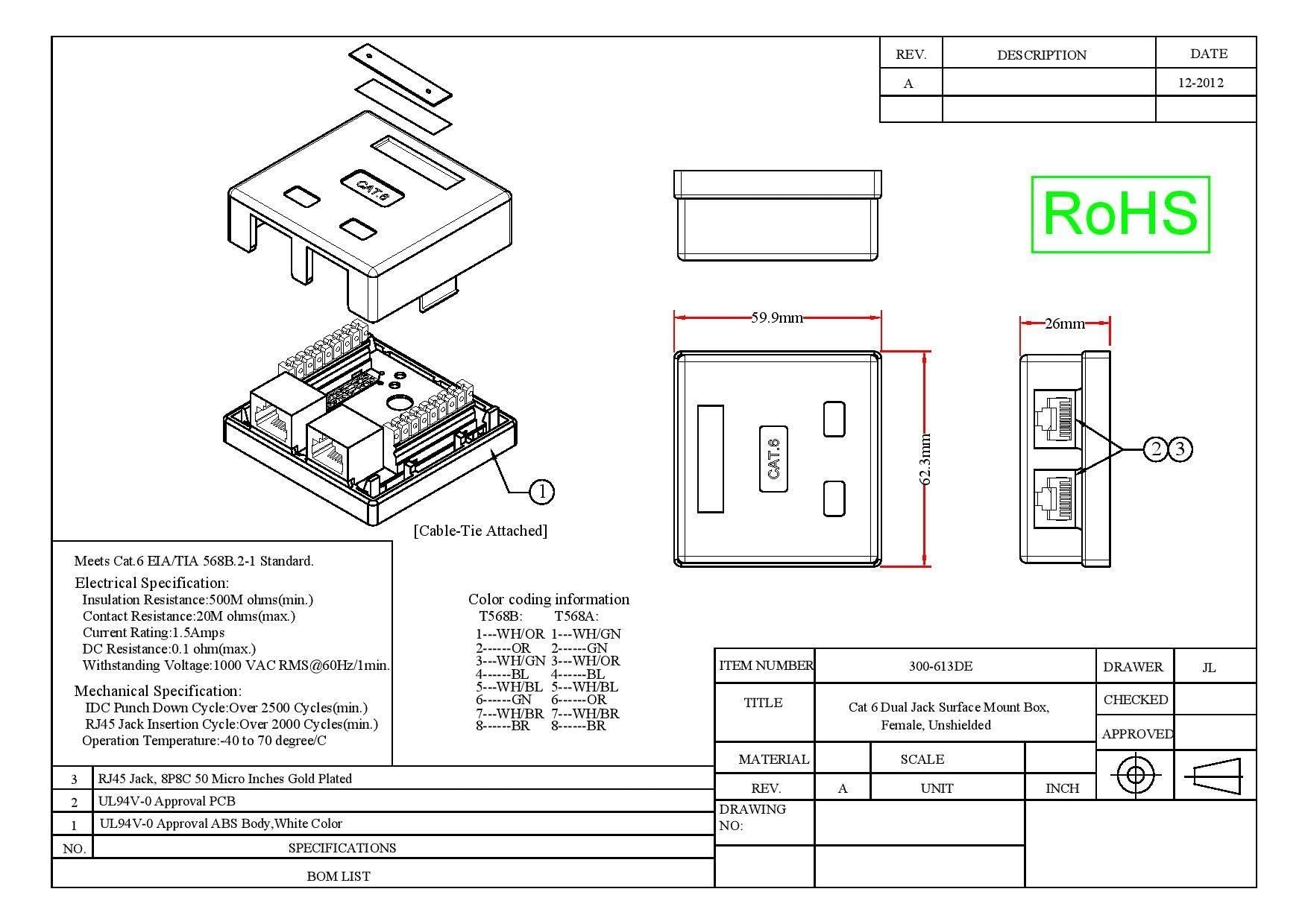 Cat6 1 Port Surface Mount Box, RJ45 Unshielded Female Port, White, Single Jack Surface Mount Box (with Cable Tie), CableWholesale
