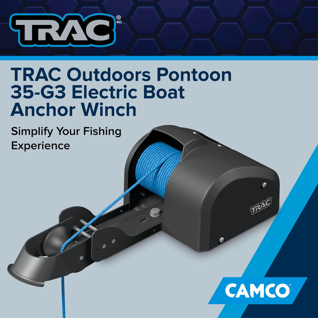 Camco TRAC Outdoors Pontoon 35-G3 Electric Boat Anchor Winch - Easy-to Operate & Features a High-Efficiency, 12-Volt DC, All Steel Gear Motor & 100-feet Pre-Wound Double-Braid Anchor Rope (69003)