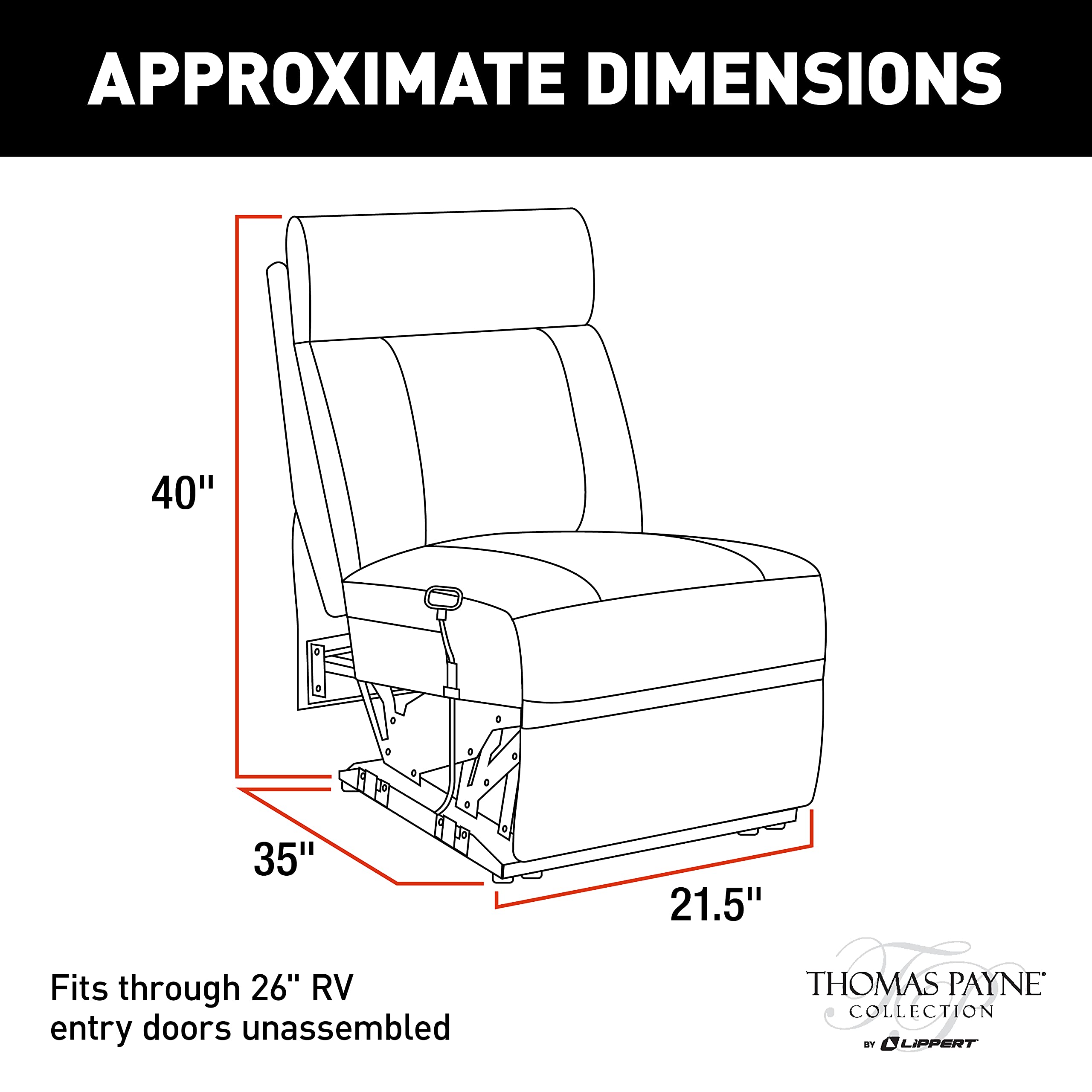 Thomas Payne® Heritage Series RV Theater Seating Armless Recliner, Millbrae – Easy-to-Clean PolyHyde® Vinyl Fabric – Fold-Down Center with Dual cupholders – High-Density Foam Interior – 2020129265