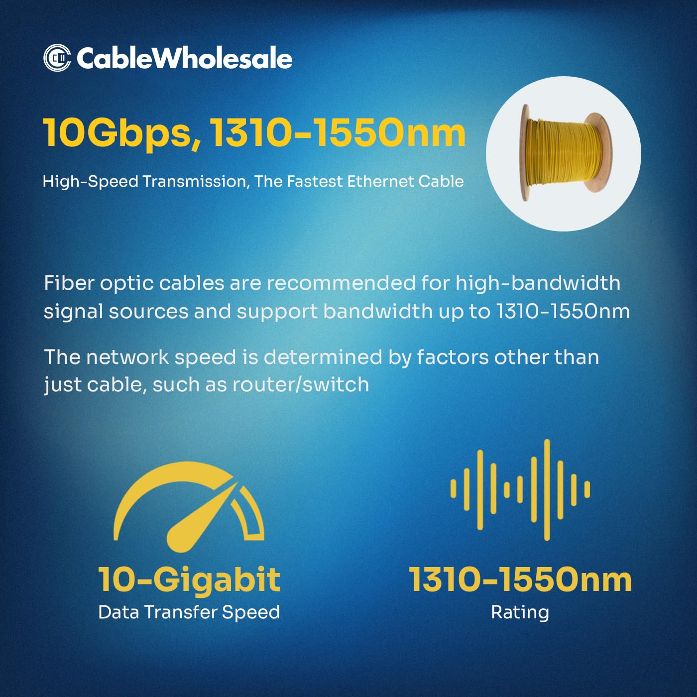 CableWholesale 6-Strand Fiber Optic Cable, Singlemode, Yellow 1000ft Spool