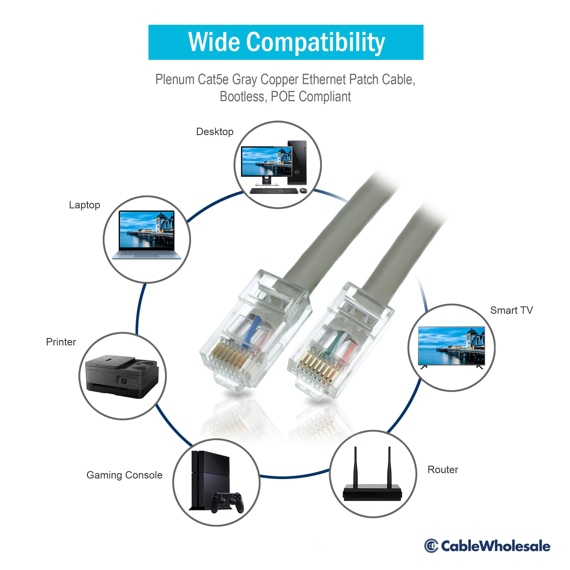 CableWholesale Plenum Cat5e Gray Ethernet Patch Cable, Bootless CMP-Rated, 24 AWG 4 Pair Conductor, 1 Foot
