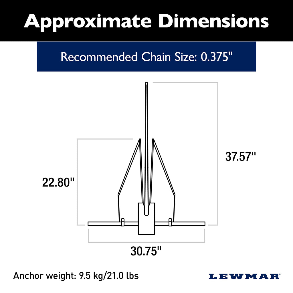 Lewmar LFX Aluminum Fluke Anchor 21 lbs., for Boats 46'-51', Anodized Finish, Adjustable Angles, Measures 37-4/7" L x 30-3/4" W, 22-4/5" fluke Length - 2020202256
