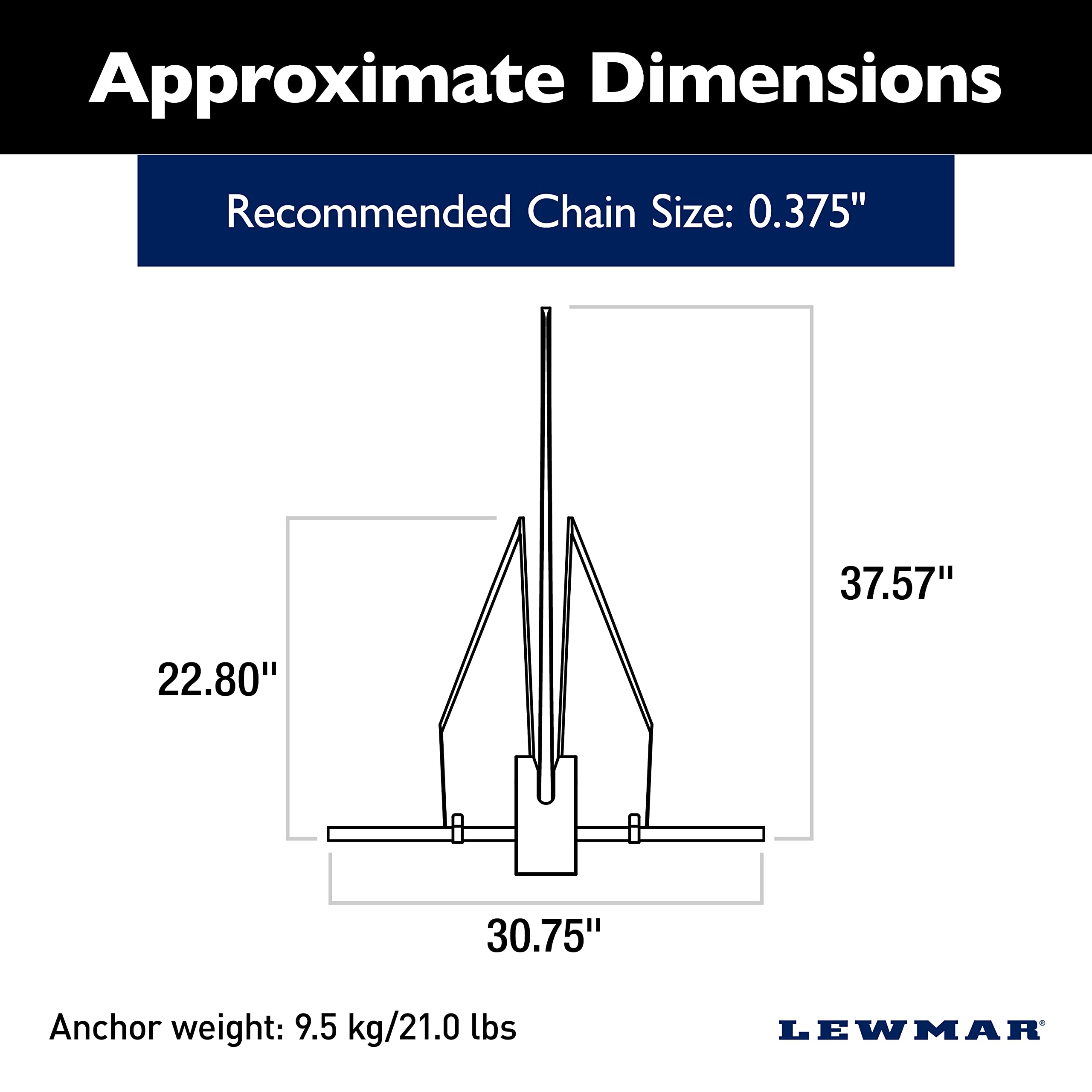 Lewmar LFX Aluminum Fluke Anchor 21 lbs., for Boats 46'-51', Anodized Finish, Adjustable Angles, Measures 37-4/7" L x 30-3/4" W, 22-4/5" fluke Length - 2020202256