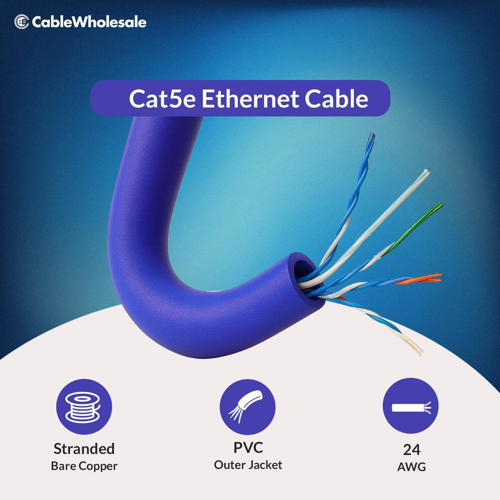 CableWholesale 1000 Foot Cat5e CM Rated Ethernet Cable, 24 AWG, ETL Verified 4 Pair Stranded Pure Copper, Unshielded Twisted Pair(UTP) with Pull Box, Purple